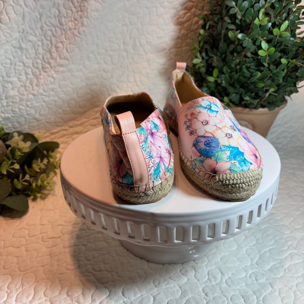 Women’s Pink Floral Annushka Espadrill style Flats with Braided Jute Sole